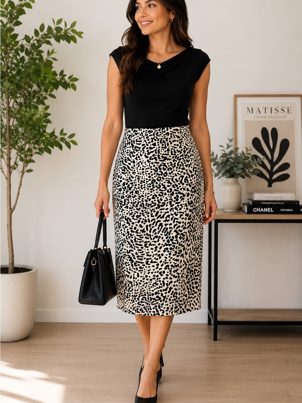 LOFT Leopard Print Midi Skirt - Black & Cream